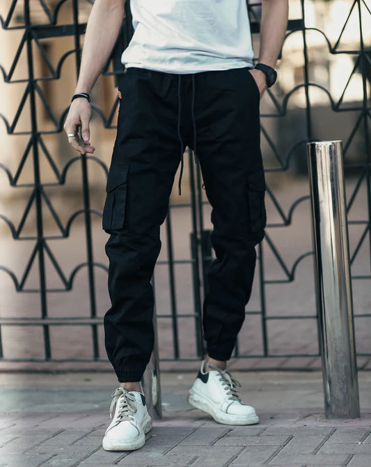 Men's 100 % Pure Cotton Cargo 6 Pockets Trouser-Stretchable( Black)