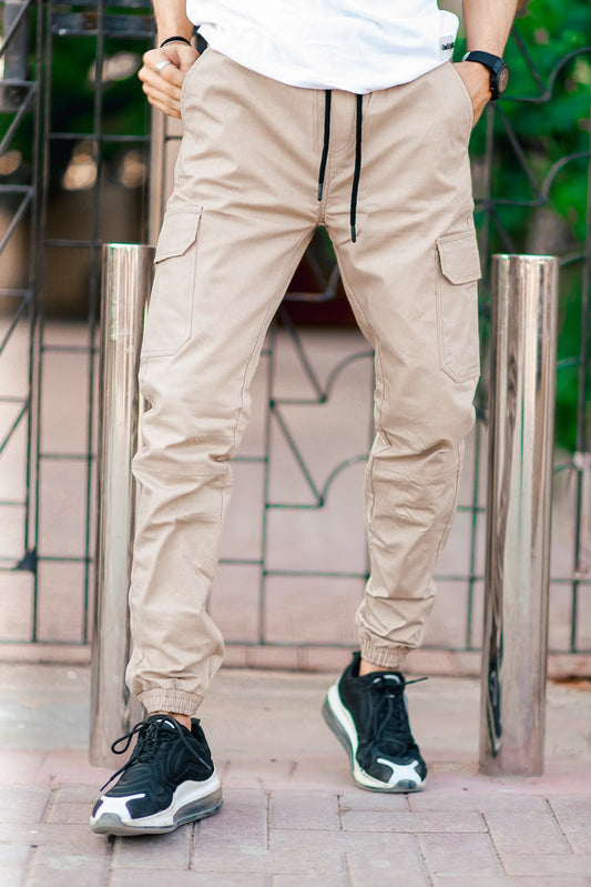 Men's 100 % Pure Cotton Cargo 6 Pockets Trouser-Stretchable( Skin Colour)