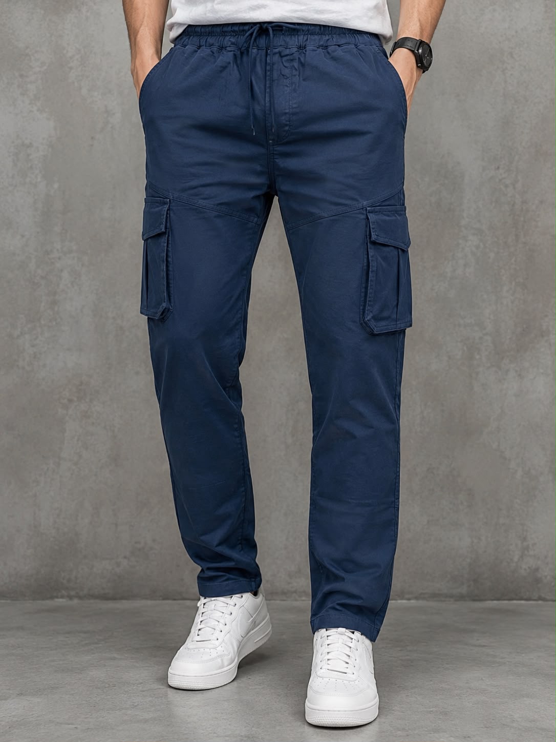 Men's 100 % Pure Cotton Cargo 6 Pockets Trouser-Stretchable-(Blue)