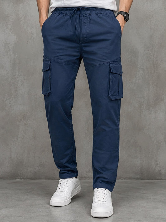 Men's 100 % Pure Cotton Cargo 6 Pockets Trouser-Stretchable-(Blue)